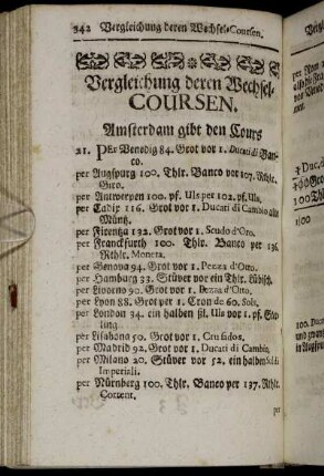 Vergleichung deren Wechsel-Coursen. - Fattura-Rechnungen.