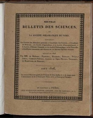 Nouveau Bulletin Des Sciences, Par La Société Philomatique De Paris. Aout 1826.