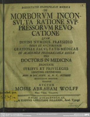Dissertatio Inauguralis Medica De Morborum Inconsulta Ratione Suppressorum Revocatione