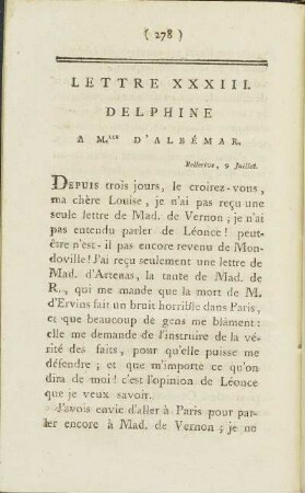 Lettre XXXIII. Delphine A M.lle D'Albémar. Ce 9. Juillet.