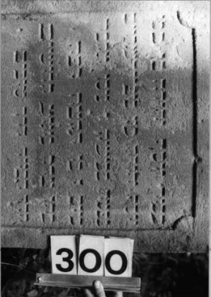 Grabstein 300 (Index: 99803457) Material: Sandstein Zustand: gut Maße HxBxT: 88x56x12 cm Beschreibung: Stele mit verdachtem Rundbogen, profilierter Rand, Giebelfeld Symbolik: segnende Hände Besonderheit: Endreim: Grabstein 300 (Detailaufnahme)