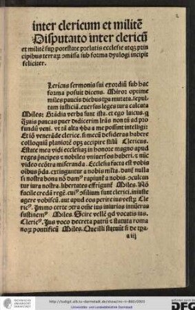 Disputatio inter clericum et militem super potestatem prelatis ecclesie atque principibus terrarum commissa sub forma dyalogi incipit feliciter.