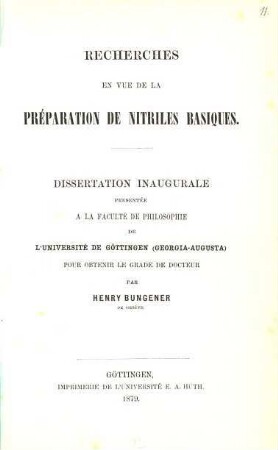 Recherches en vue de la Préparation de Nitriles Basiques : (Gött. Inaug. Dissert.)