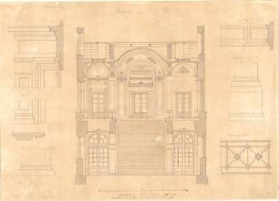 Gärtner, Friedrich von; München, Ludwigstr.; Staatsbibliothek - Querschnitt; Gesims an der Einganstür (Schnitte, Details)