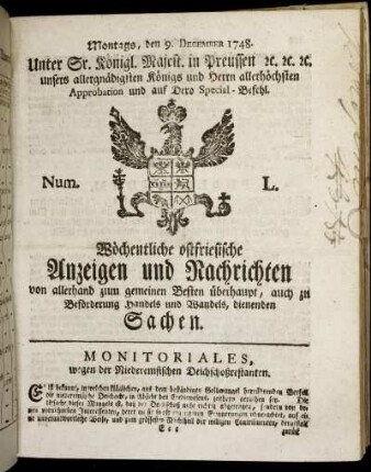Num. L. Montags, den 9. December 1748.
