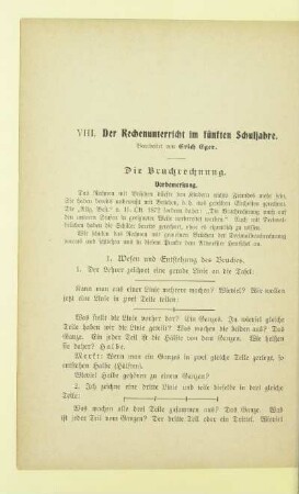 VIII. Der Rechenunterricht im fünften Schuljahre