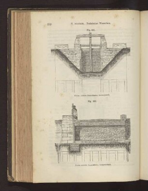 Fig. 106. Kleine massive Stauschleuse; Vorderansicht. Fig. 107. Kleine massive Stauschleuse; Längenschnitt.