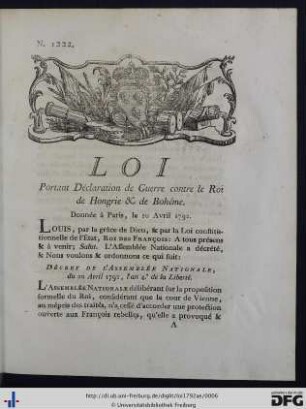 Loi Portant Déclaration de Guerre contre le Roi de Hongrie & de Bohême.