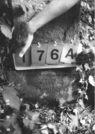Grabstein 176 (Index: 99800149) Material: Sandstein Zustand: stark beschädigt, Schriftplatte oder Inschriftfeld fehlt Maße HxBxT: 103x41x20 cm Beschreibung: Stele, Abdeckplatte, Segmentbogenaufsatz, Schriftplatte (?) fehlt, Sockel Besonderheit: Kindergrab: Grabstein 176A