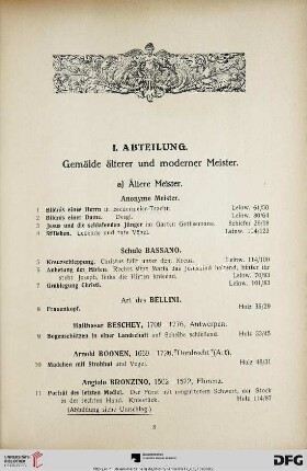 I. Abteilung. Gemälde älterer und moderner Meister (Nr. 1-225)