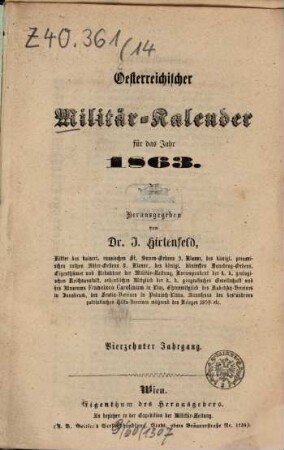 Oesterreichischer Militär-Kalender. 14, 14. 1863