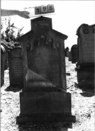 Grabstein 195 (Index: 99797639) Material: Sandstein, weiß Zustand: stark verwittert Maße HxBxT: 136x63x22 cm Beschreibung: Stele, giebelartiger Abschluß rechteckig erhöht, getreppter Sockel Symbolik: Rundbogenfries: Grabstein 195