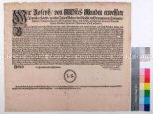 Bekanntmachung des Schutzbriefes von Kaiser Joseph I. über die Befreiung der Reuß-Plauener Länder von Einquartierungen