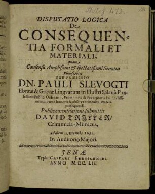 Disputatio Logica De Consequentia Formali Et Materiali