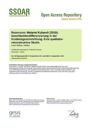 Rezension: Melanie Kubandt (2016): Geschlechterdifferenzierung in der Kindertageseinrichtung. Eine qualitativ-rekonstruktive Studie