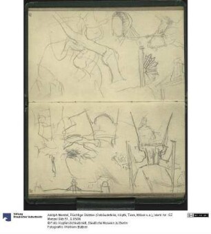 Flüchtige Skizzen (Gebäudeteile, Köpfe, Tiere, Möbel u.a.)