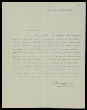 Nr. 1a: Brief von Tommy Bonnesen an David Hilbert, Kopenhagen, 12.5.1922