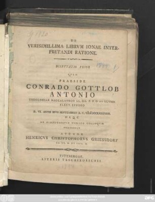 Disputatio 1: De Verisimillima Librvm Ionae Interpretandi Ratione