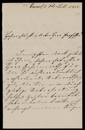 Nr. 21: Brief von Emma Grosscurth (später verheiratete Forkel) an Paul de Lagarde, Kassel, 8.7.1888