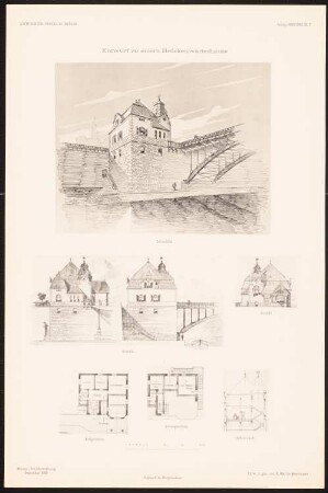 Brückenwärterhaus: Perspektivische Ansicht, Vorderansicht, Rückansicht, Seitenansicht, Grundriss EG, Keller, Querschnitt (aus: Entwürfe von Mitgl. d. AVB, Neue Folge 1899/00)