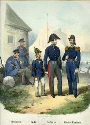 Uniformdarstellung, Invaliden, Kadett, Auditeur und Marine-Kapitän, Preußen 1843/1845. Aus: Sachse: Das Preussische Heer. Tafel 33.