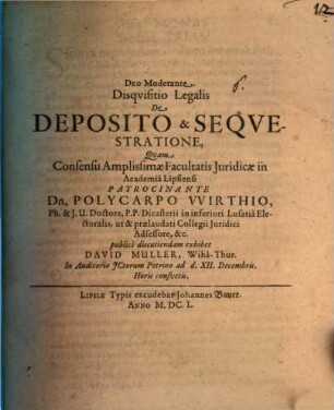 Disquisitio legalis de deposito et sequestratione