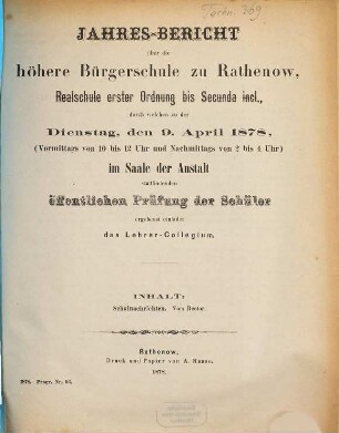 Jahres-Bericht über die Höhere Bürgerschule zu Rathenow, Realschule Erster Ordnung bis Sekunda inkl., 1877/78
