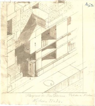 Thiersch, August ; Athen (Griechenland); Stoa des Hadrian - Hauptsaal, Podium u. Nischen (Perspektive)