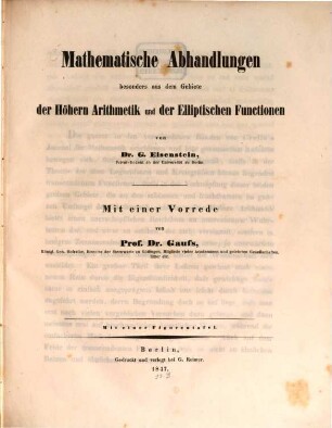 Mathematische Abhandlungen besonders aus dem Gebiete der höheren Arithmetik und der elliptischen Functionen
