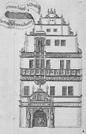 Schloßstraße : Der Georgenbau des Schlosses zu Dresden. Aufriss der Elbseite. Kupferstich, 32,8 x 34 cm. Aus. Weck, Antonius: Der Chur-Fürstlichen Sächsischen weitberuffenen Residentz- und Haupt-Vestung Dresden Beschreib[ung] und Vorstellung / Auf der Churfürstlichen Herrschafft gnädigstes Belieben in Vier Abtheilungen verfaßet mit Grund: und anderen Abrißen auch bewehrten Documenten erläutert, Beschreibung und Vorstellung, Tafel 9