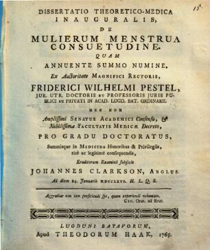 Diss. theor.-med. inaug. de mulierum menstrua consuetudine