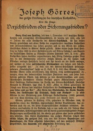 Joseph Görres der grösste Vorkämpfer der deutschen Katholiken, über die Frage: Verzichtfrieden oder Sicherungsfrieden?