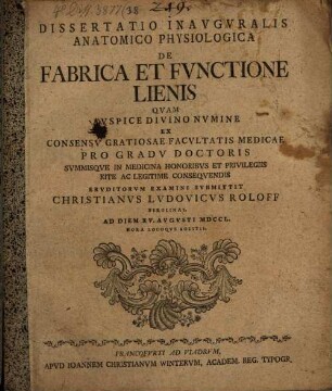 Diss. inaug. anat.-physiol. de fabrica et functione lienis