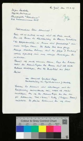 Brief an Admiral Rogge von Kapitänleutnant J. [Herdly]