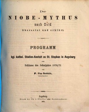 Der Niobe-Mythus nach Ovid übersetzt und erklärt