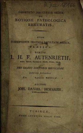 Dissertatio inauguralis medica de notione pathologica rhevmatis