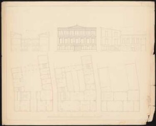 Dreigeschossiges Wohnhaus mit siebenachsiger Straßenfront mit Mittelrisalit: Vorderansicht, Schnitte, Grundriss Erd- und Obergeschosse