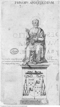 Basilicae veteris Vaticanae descriptio. (Auctore Romano. Cum notis Abbatis Pauli de Angelis, quibus accedit descriptio brevis novi templi Vaticani, necnon utriusque ichnographia) - Tav. 1: Roma, S. Pietro in Vaticano, Statua di S. Pietro