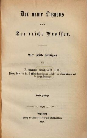 Der arme Lazarus und Der reiche Prasser : 4 sociale Predigten