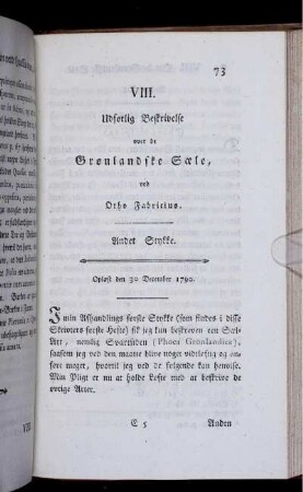 VIII. Udforlig Beskrivelse over de Gronlandske Sæle.