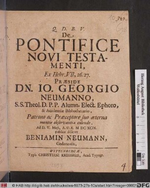 De Pontifice Novi Testamenti : Ex Hebr. VII, 26. 27.