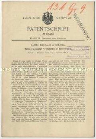 Patentschrift eines Reinigungsapparates für Dampfkessel-Speisewasser, Patent-Nr. 40475