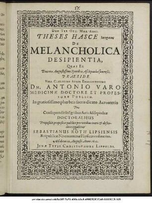 Theses Hasce Iatrikas De Melancholica Desipientia