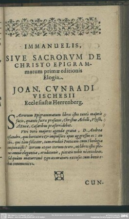 Immanuelis, Sive Sacrorum De Christo Epigrammatum primae editionis Elogia