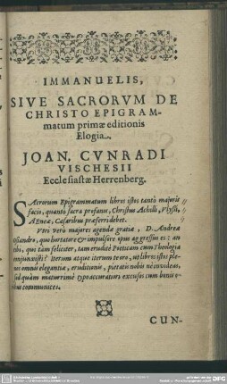 Immanuelis, Sive Sacrorum De Christo Epigrammatum primae editionis Elogia