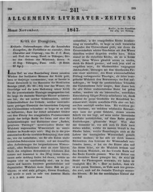 Baur, F. C.: Kritische Untersuchungen über die kanonischen Evangelien, ihr Verhältniß zu einander, ihren Charakter und Ursprung. Tübingen: Fues 1847