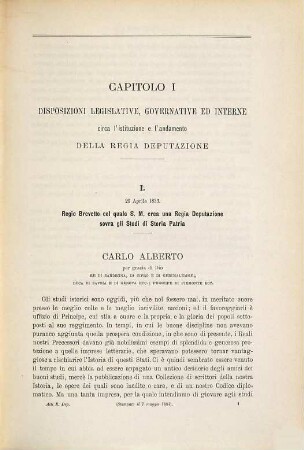 L' Opera cinquantenaria della R. Deputazione di Storia Patria di Torino : notizie di fatto storiche, biografiche e bibliografiche sulla R. Deputazione e sui deputati nel ... mezzo secolo dalla fondazione, 1,1