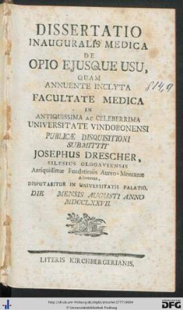 Dissertatio Inauguralis Medica De Opio Ejusque Usu