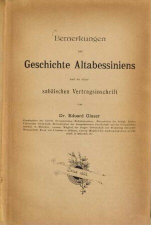 Bemerkungen zur Geschichte Altabessiniens und zu einer sabäischen Vertragsinschrift