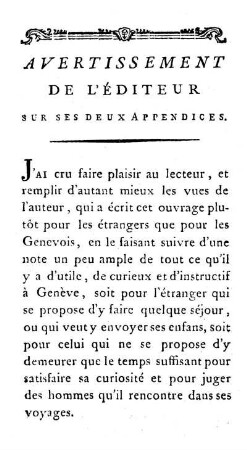 AVERTISSEMENT de l'Éditeur sur ses deux Appendices